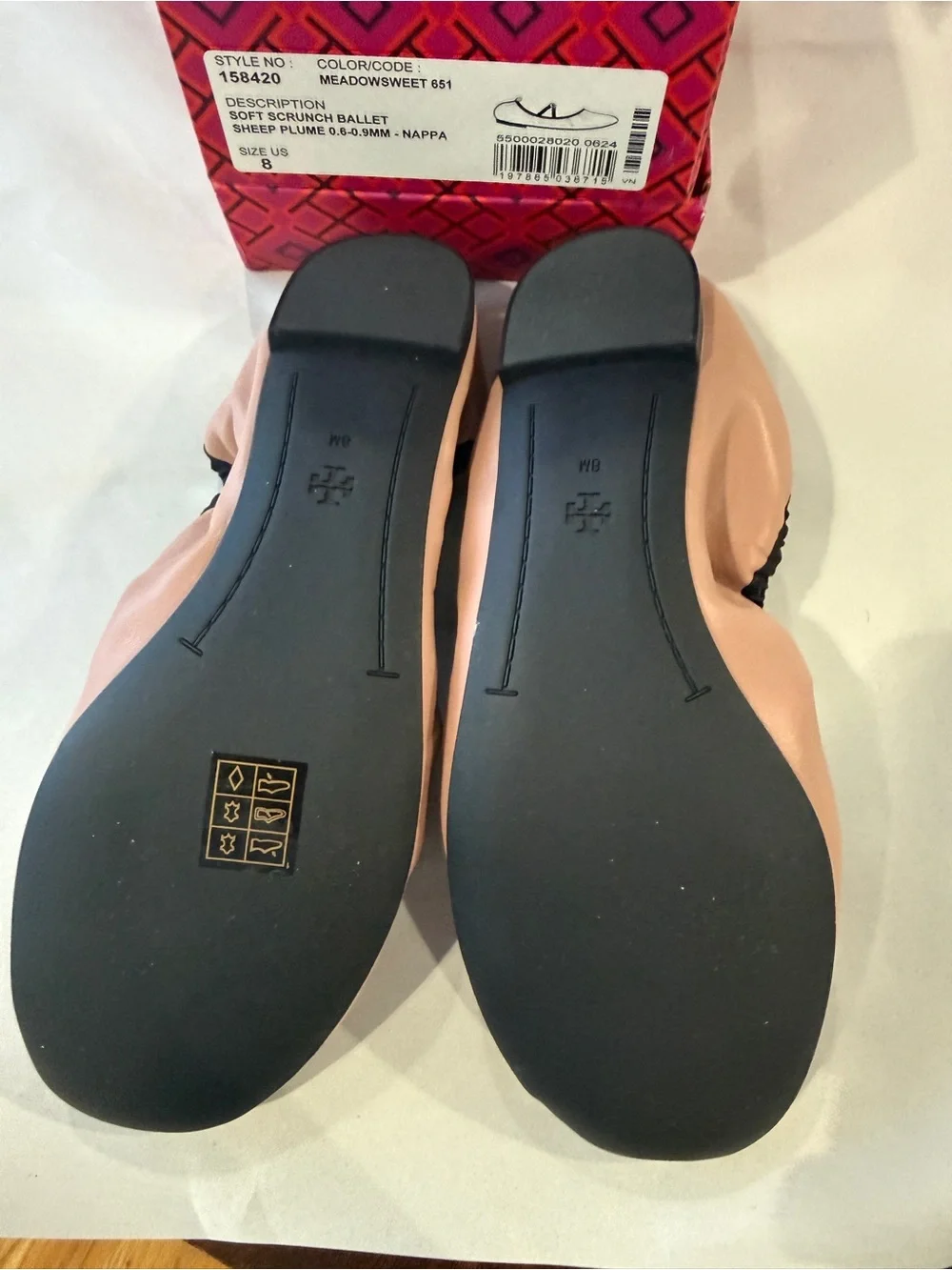 Tory Burch Blush Pink Ballet Flats with Black Trim and Gold Logo